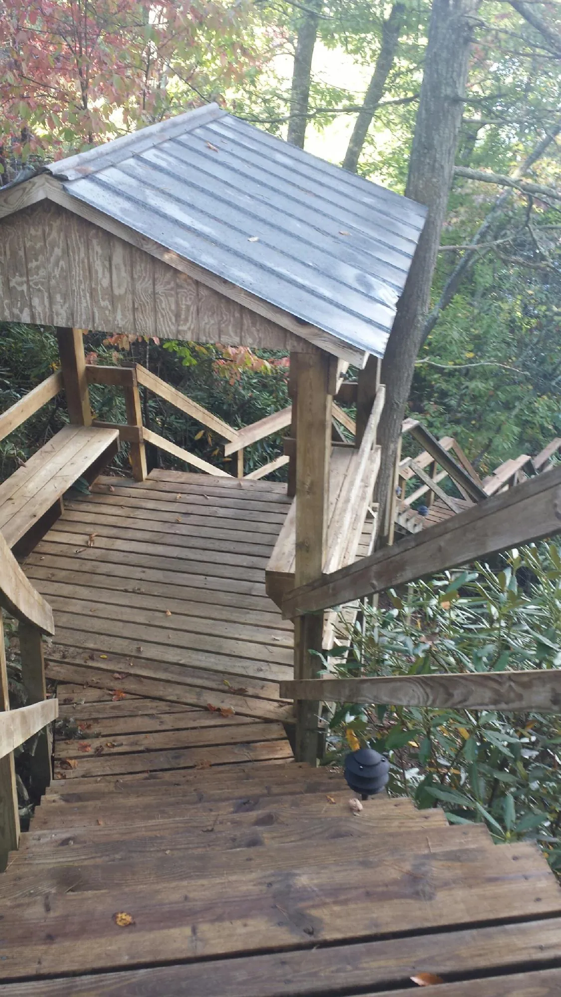 Metal roofed shelter over wooden steps on a wooded walkway — Skylight Repair & Installation work by our crew in Huger